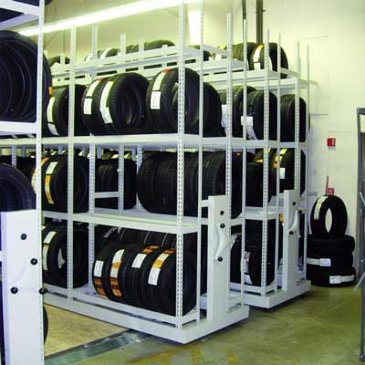 High density mobile storage aisle saver for tires