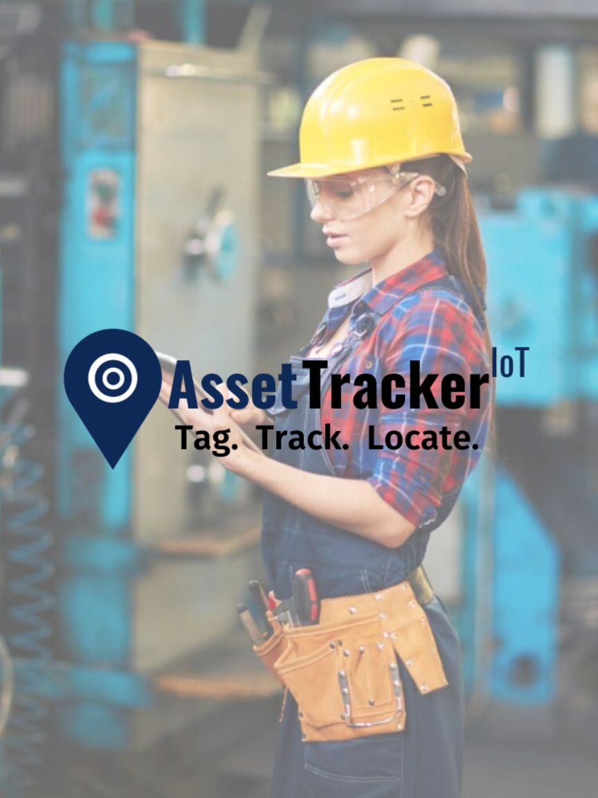 AssetTrackerIoT logo over a warehouse worker