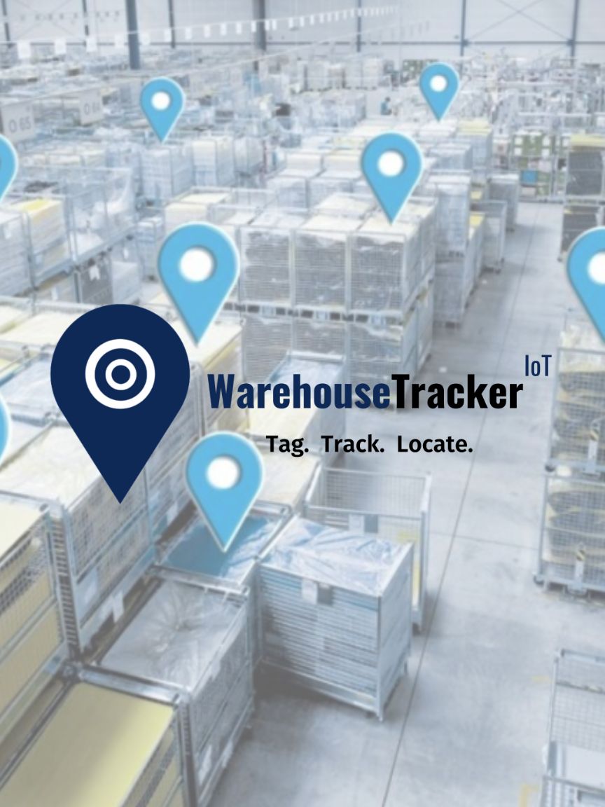 WarehouseTrackerIoT Logo over a warehouse for the warehouse management page.