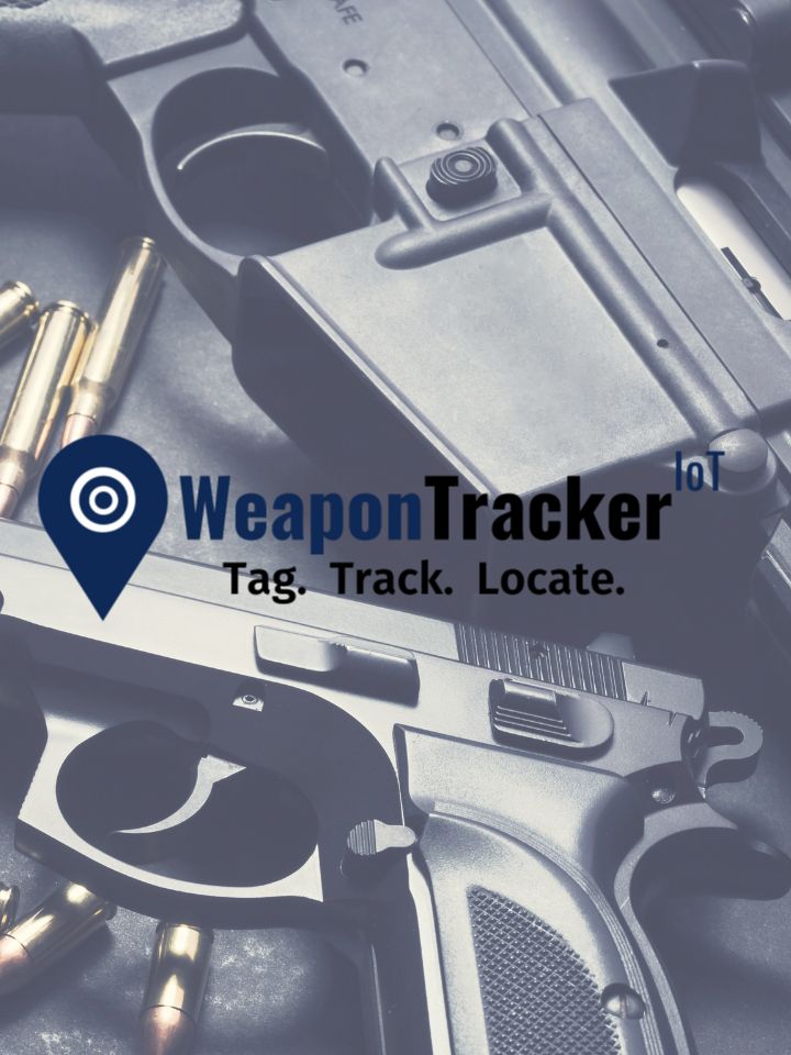 WeaponTrackerIoT logo on a photo with weapons.