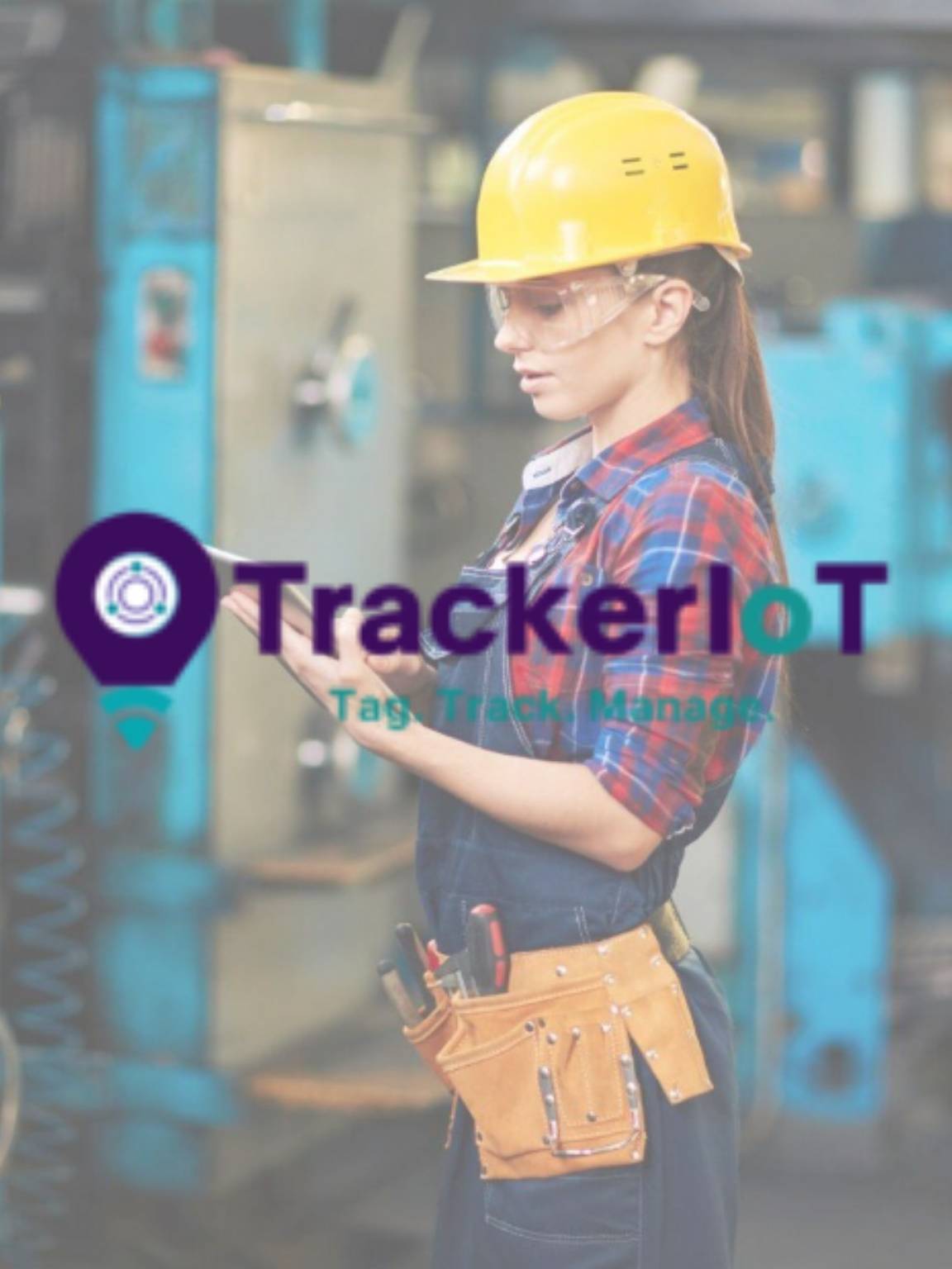 AssetTrackerIoT logo over a warehouse worker