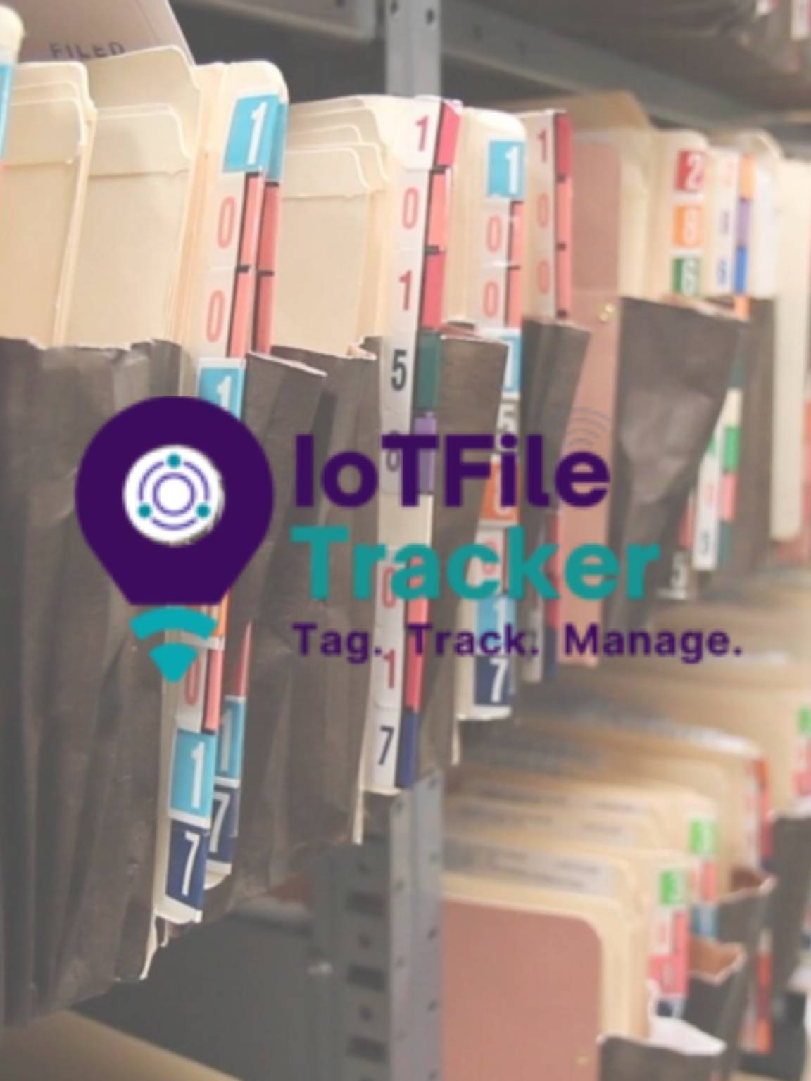 IoTFileTracker Logo over a photo of files.