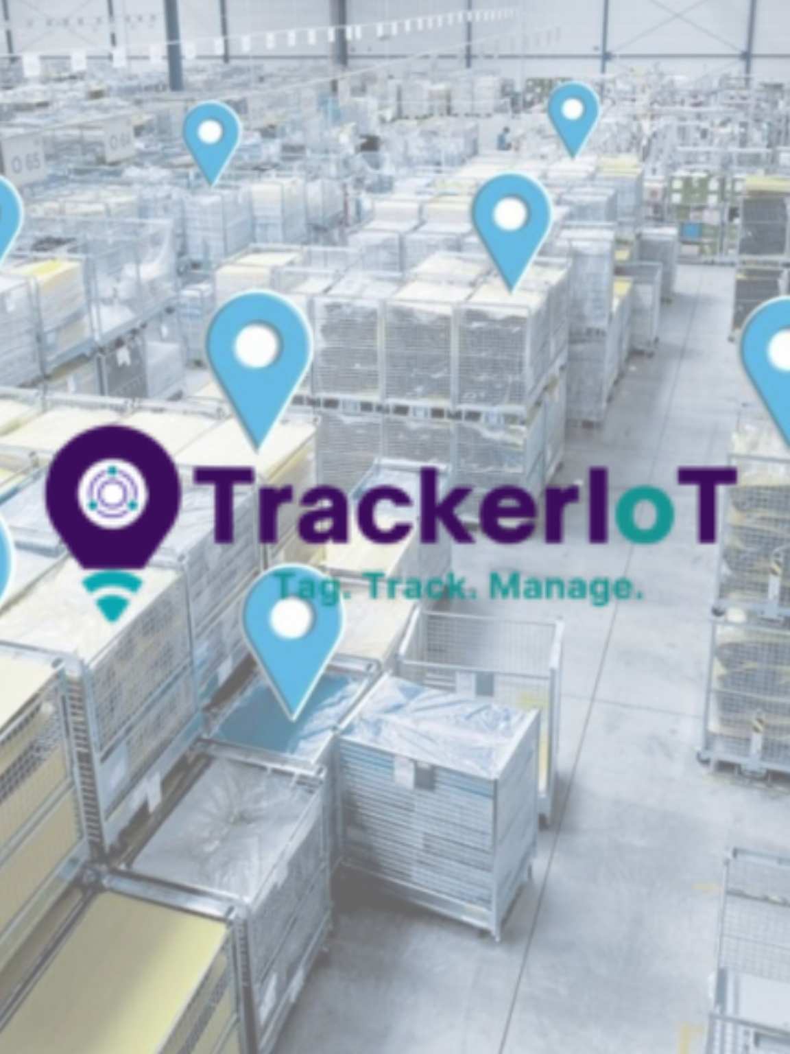 WarehouseTrackerIoT Logo over a warehouse for the warehouse management page.