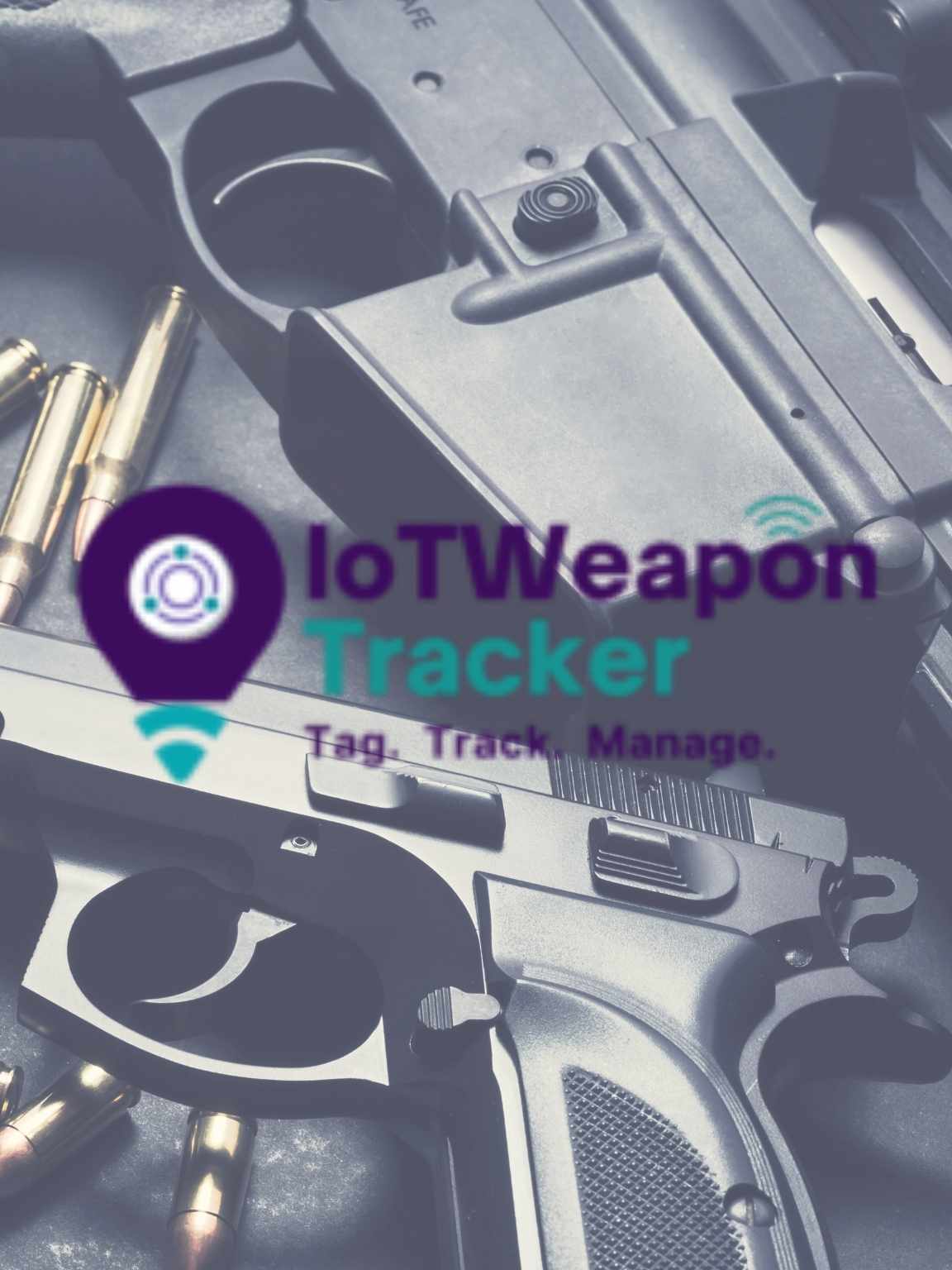 IoTWeaponTracker logo on a photo with weapons.